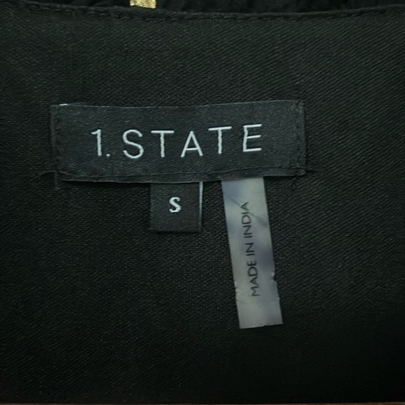 1. State Tie Neck Ruffle Flutter Sleeve Black and Gold Foil Polka Dot Blouse Top - Picture 3 of 3